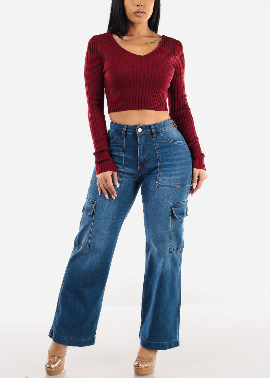 Long Sleeve Vneck Cropped Sweater Wine