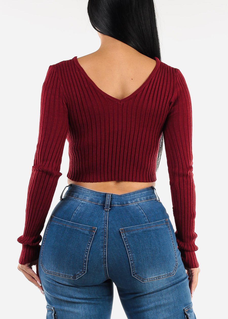 Long Sleeve Vneck Cropped Sweater Wine