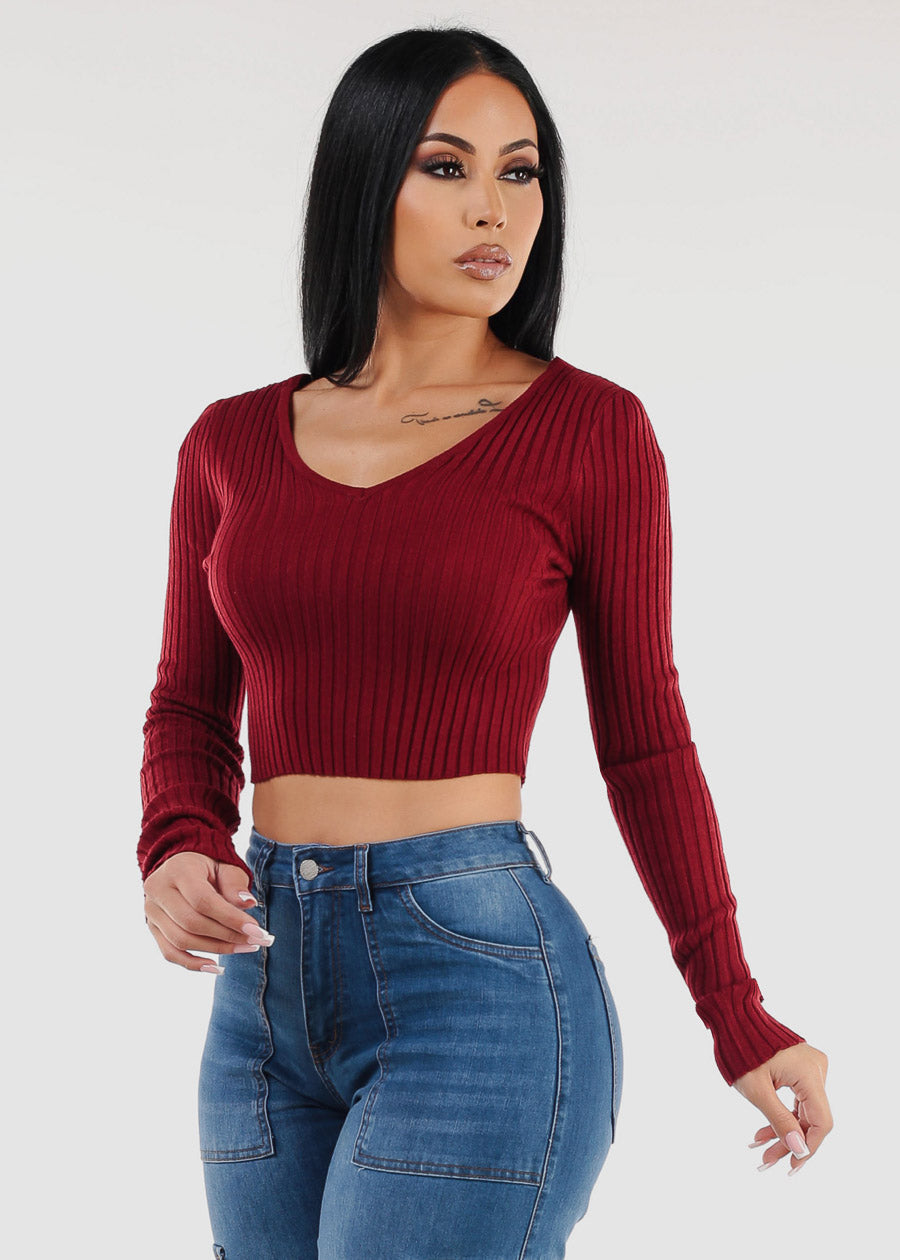 Long Sleeve Vneck Cropped Sweater Wine