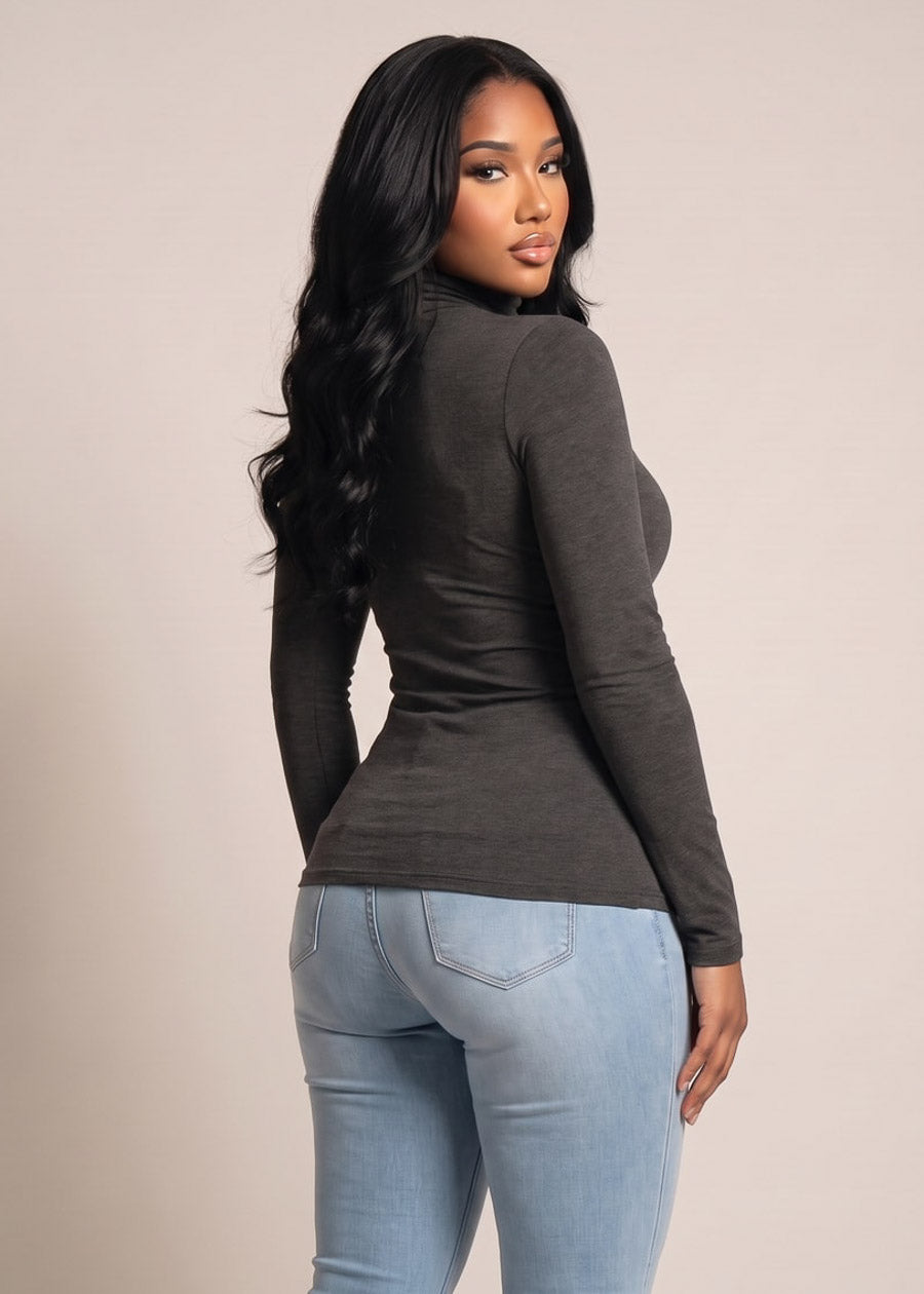 Long Sleeve Turtleneck Stretch Top Charcoal, view 2 of 4