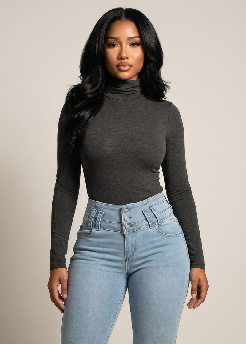 Long Sleeve Turtleneck Stretch Top Charcoal