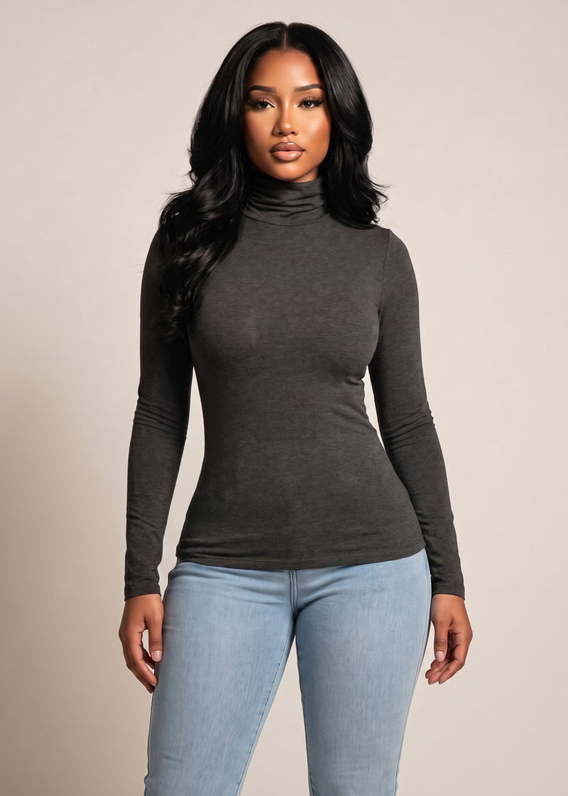 Long Sleeve Turtleneck Stretch Top Charcoal