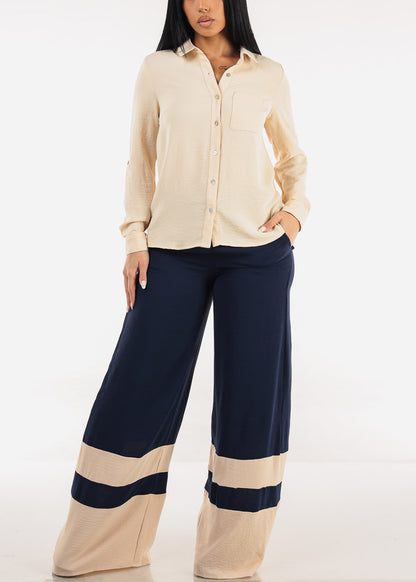 Long Sleeve Button Down Collared Blouse Light Khaki