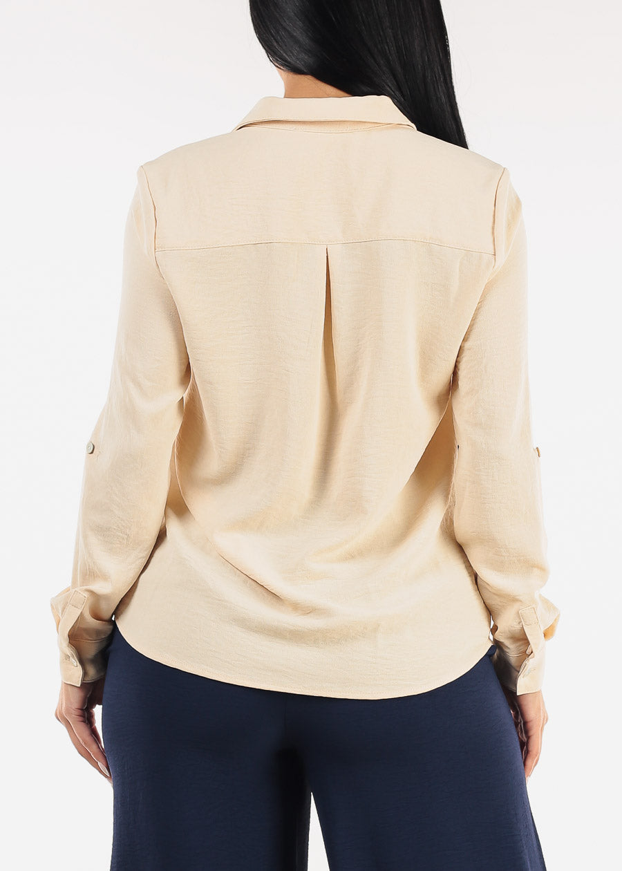 Long Sleeve Button Down Collared Blouse Light Khaki