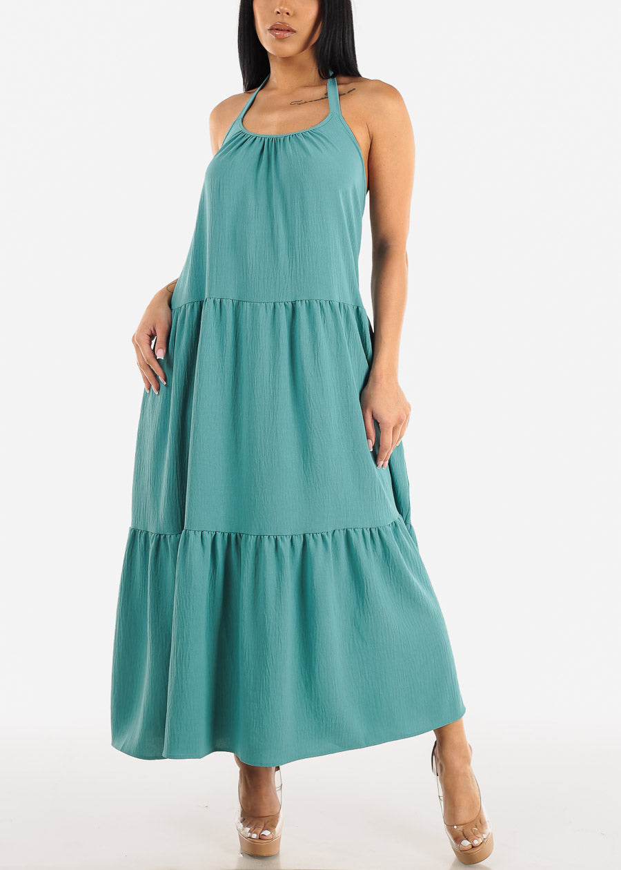 Open Back Halter Maxi Dress Teal