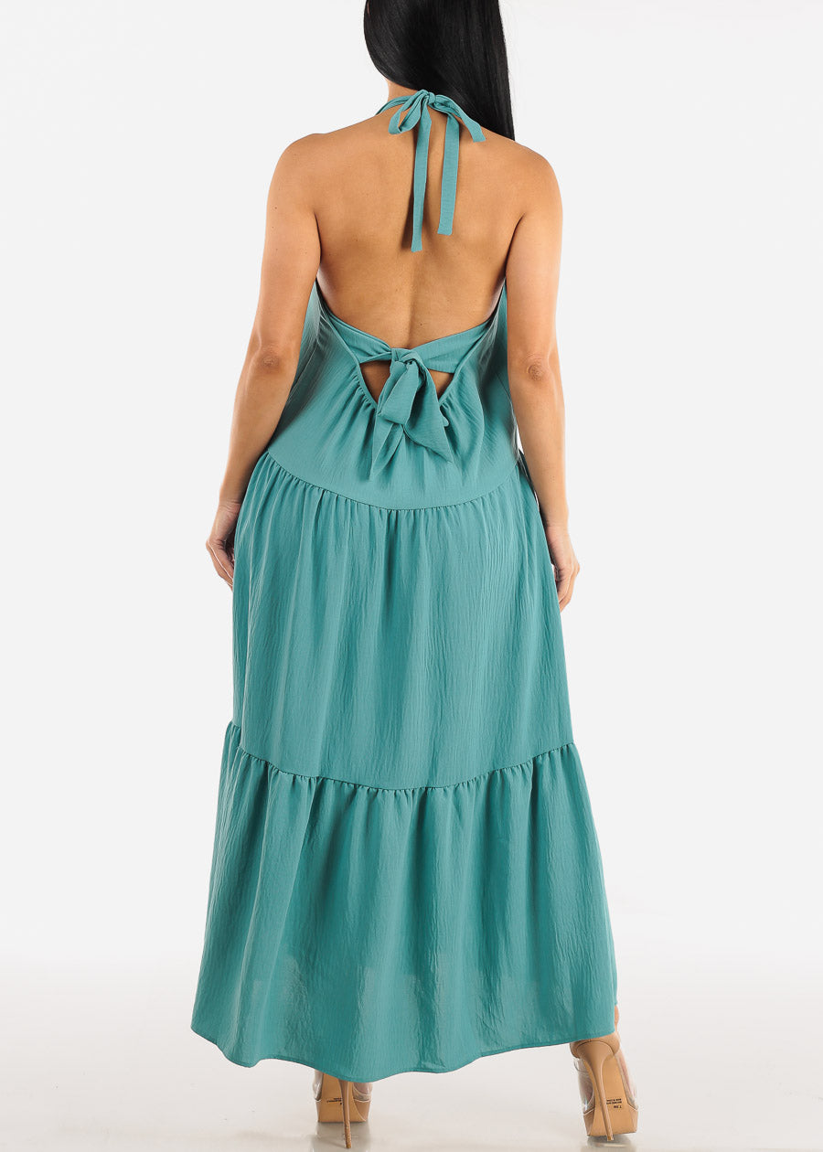 Open Back Halter Maxi Dress Teal