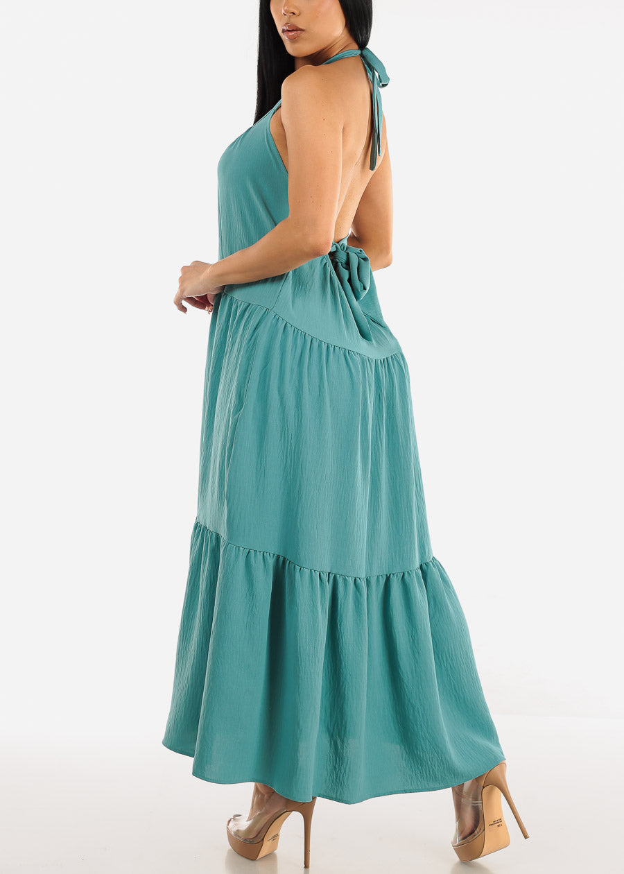 Open Back Halter Maxi Dress Teal