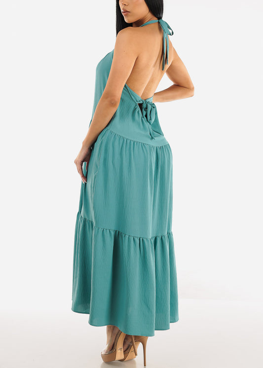 Open Back Halter Maxi Dress Teal