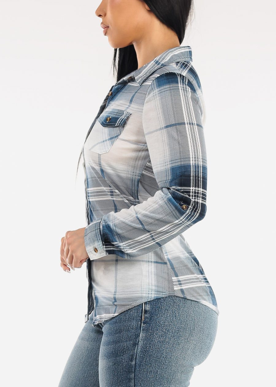 Stretch Long Sleeve Plaid Button Up Collared Blouse Ivory Blue