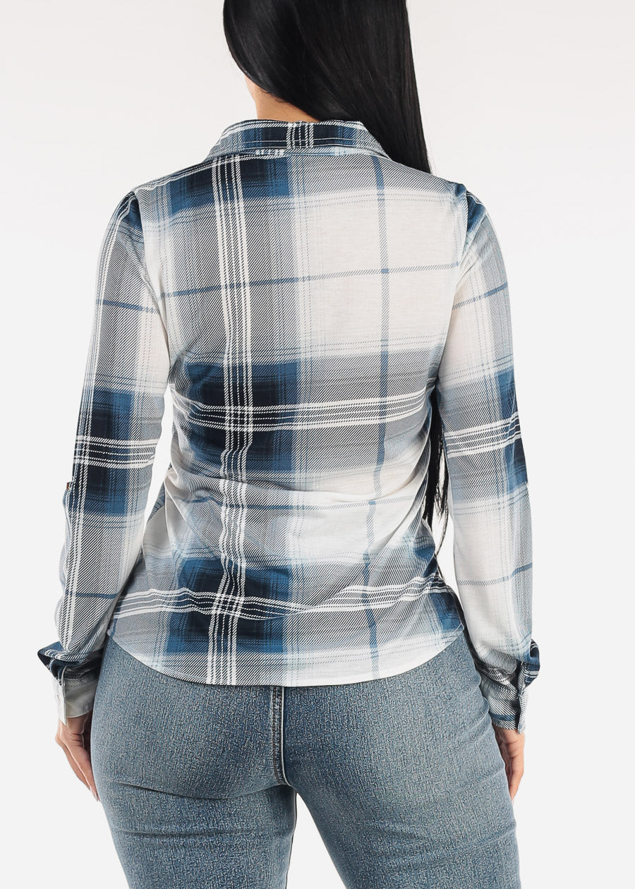 Stretch Long Sleeve Plaid Button Up Collared Blouse Ivory Blue
