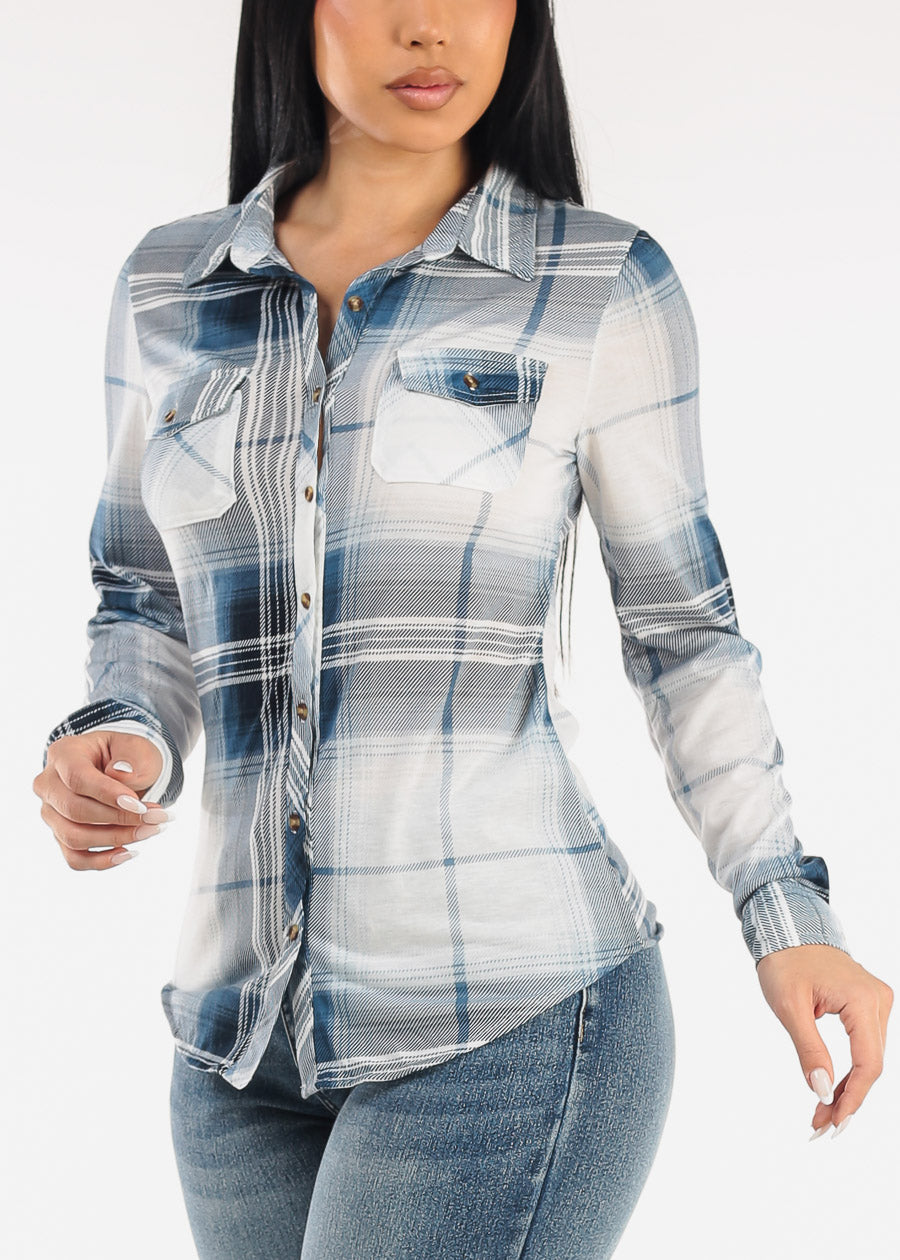 Stretch Long Sleeve Plaid Button Up Collared Blouse Ivory Blue