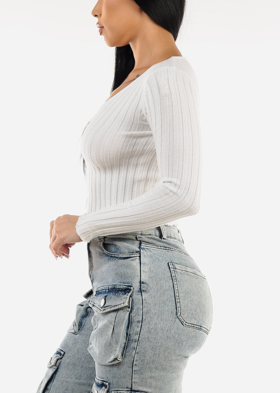 Vneck Long Sleeve Cropped Sweater White