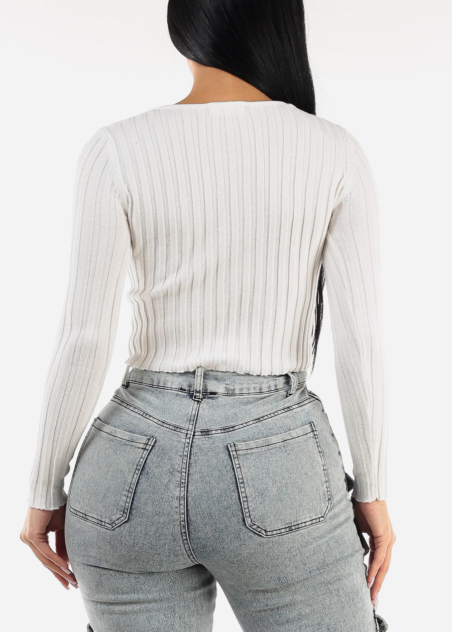 Vneck Long Sleeve Cropped Sweater White