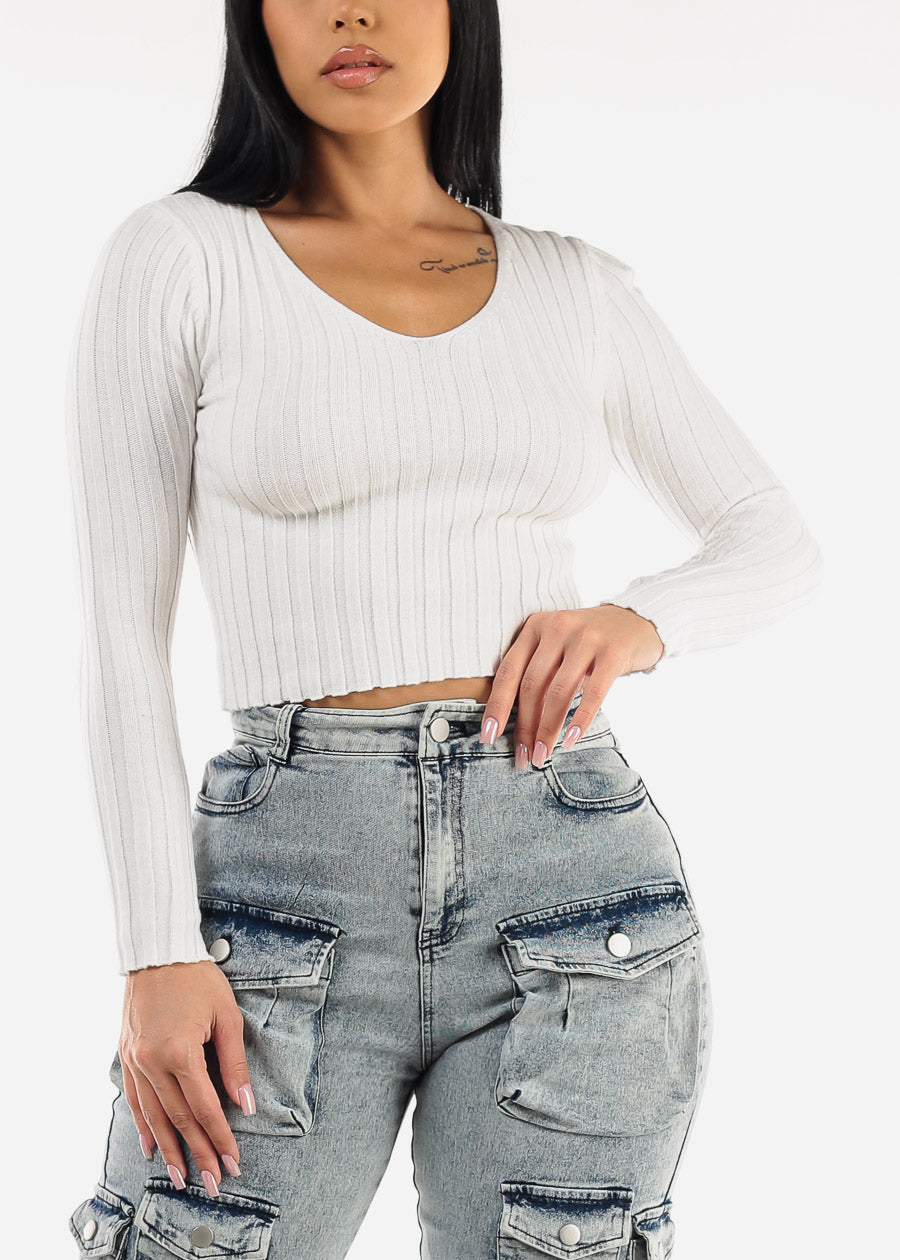 Vneck Long Sleeve Cropped Sweater White