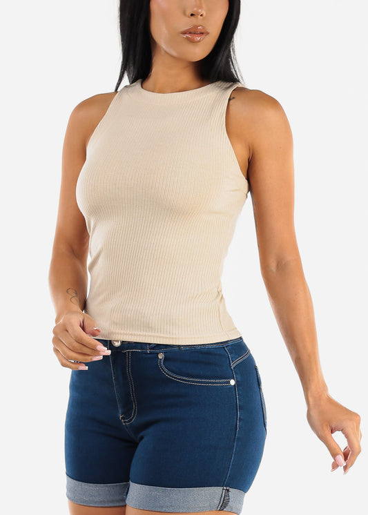 Fitted Crewneck Ribbed Tank Top Light Khaki