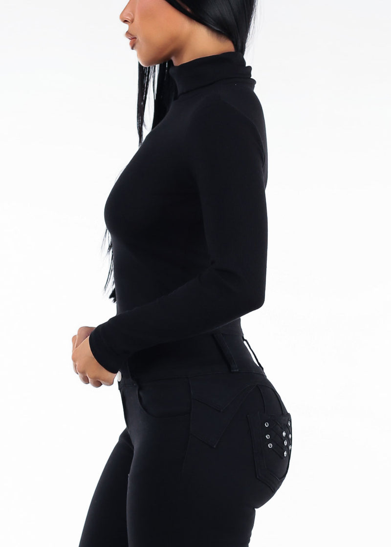 Long Sleeve Stretch Ribbed Turtleneck Top Black