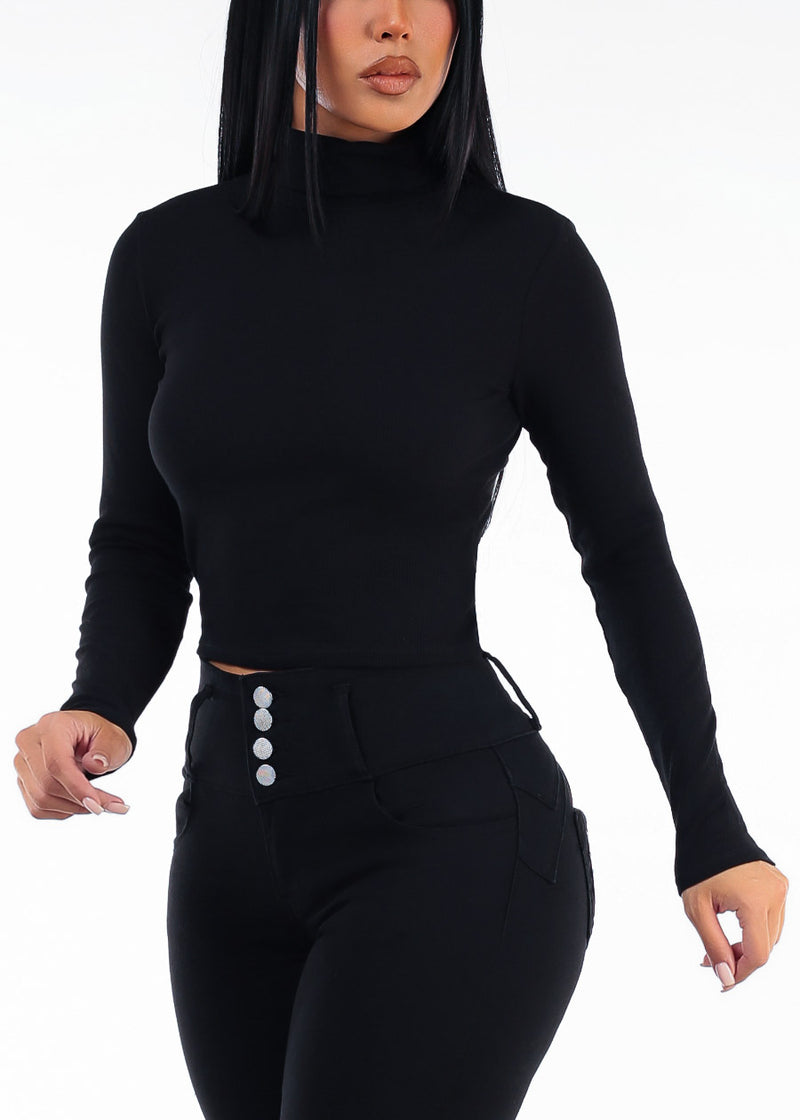 Long Sleeve Stretch Ribbed Turtleneck Top Black