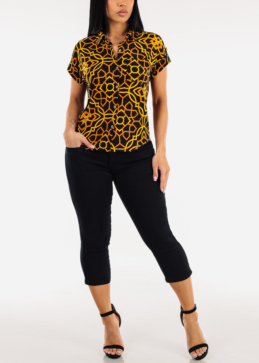 Short Sleeve Button Down Printed Stretch Blouse Black