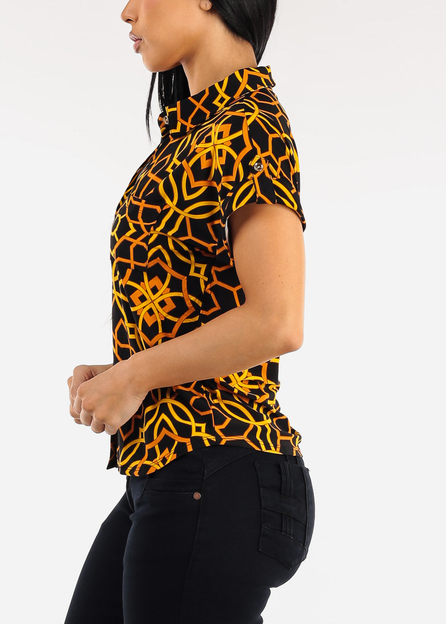 Short Sleeve Button Down Printed Stretch Blouse Black