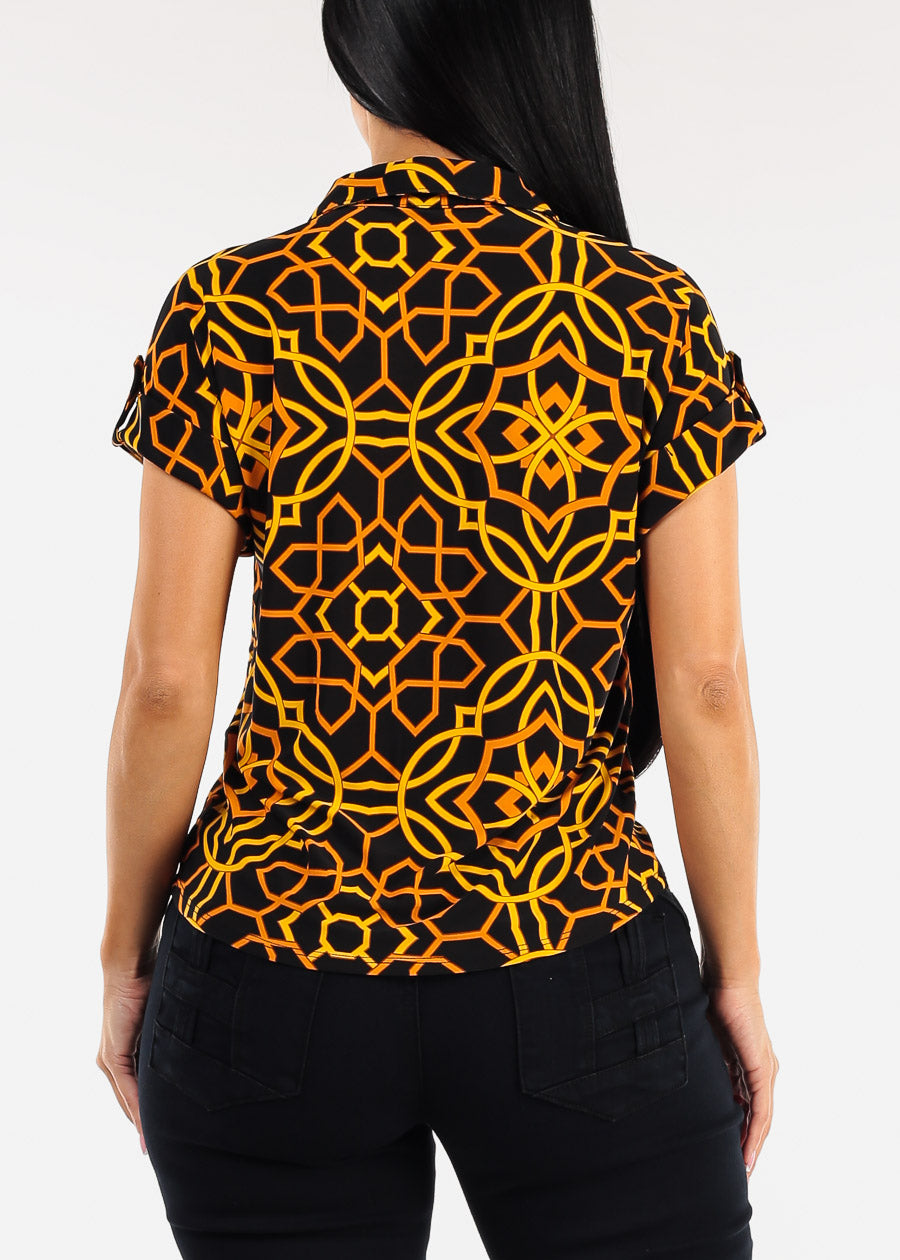 Short Sleeve Button Down Printed Stretch Blouse Black