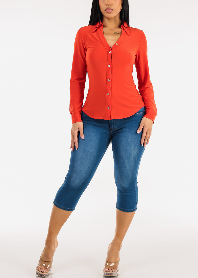 Stretchy Long Sleeve Button Down Collared Blouse Red Orange