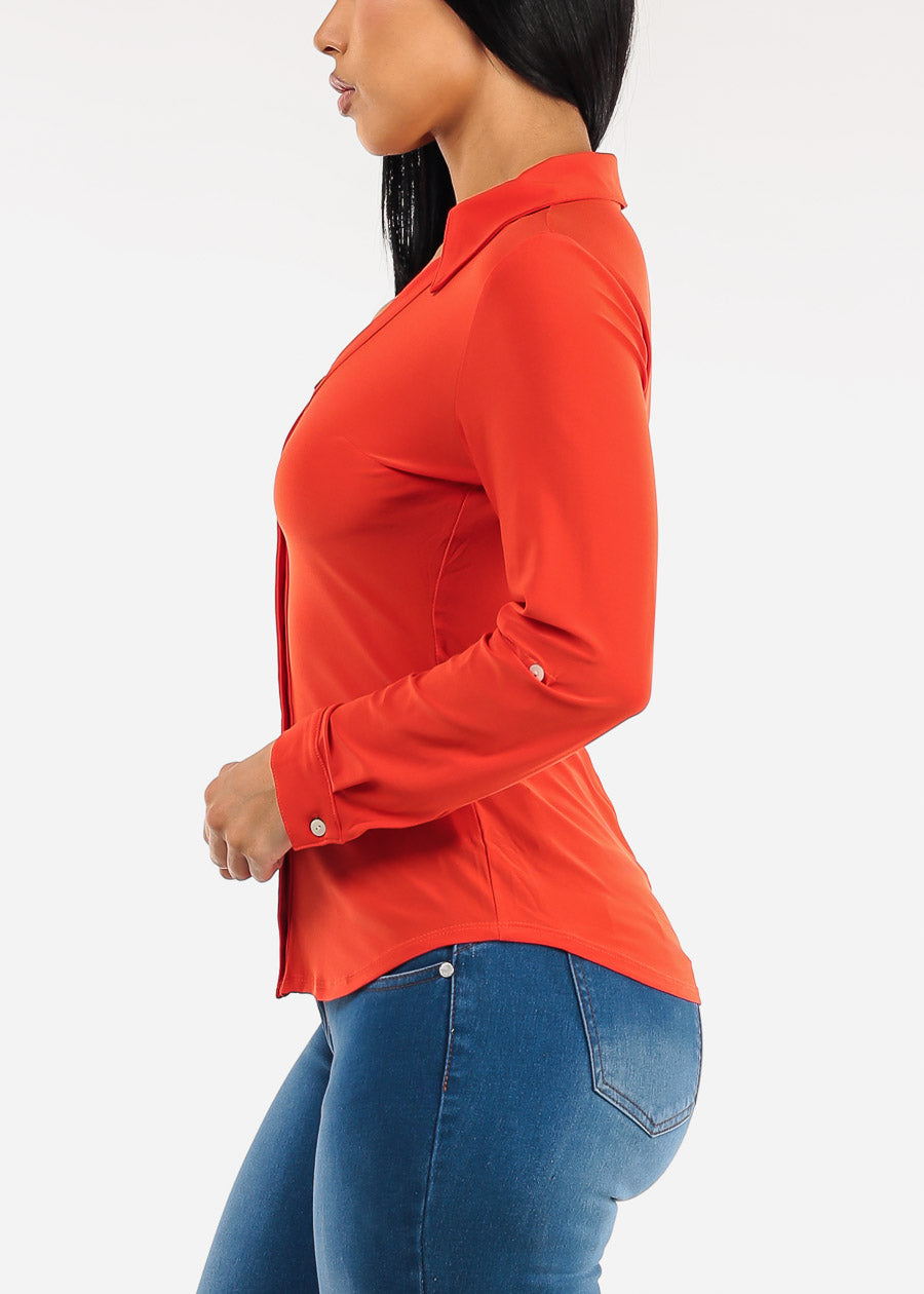 Stretchy Long Sleeve Button Down Collared Blouse Red Orange