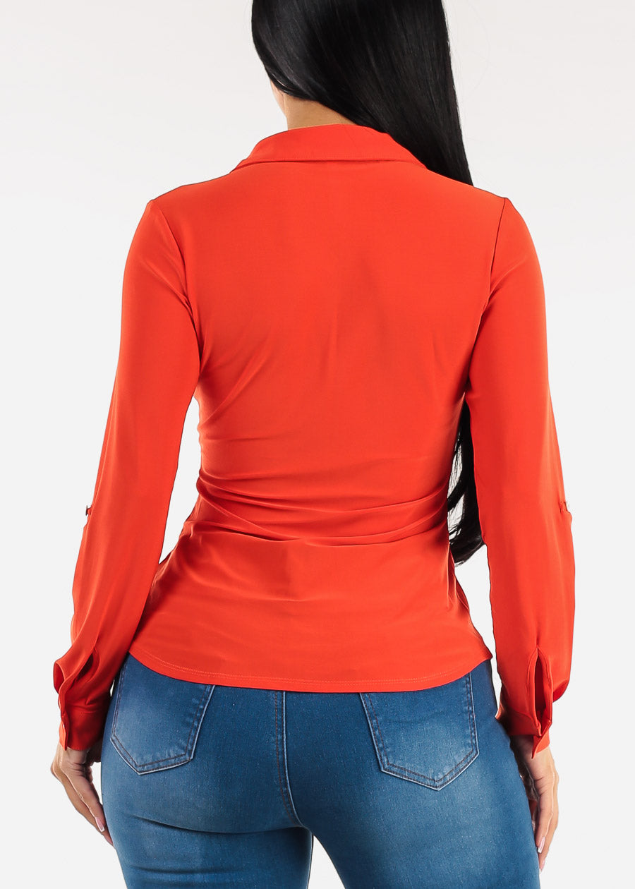 Stretchy Long Sleeve Button Down Collared Blouse Red Orange