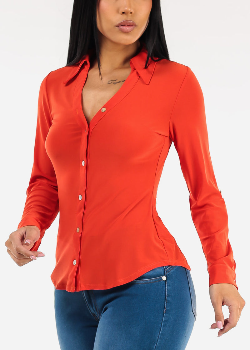 Stretchy Long Sleeve Button Down Collared Blouse Red Orange