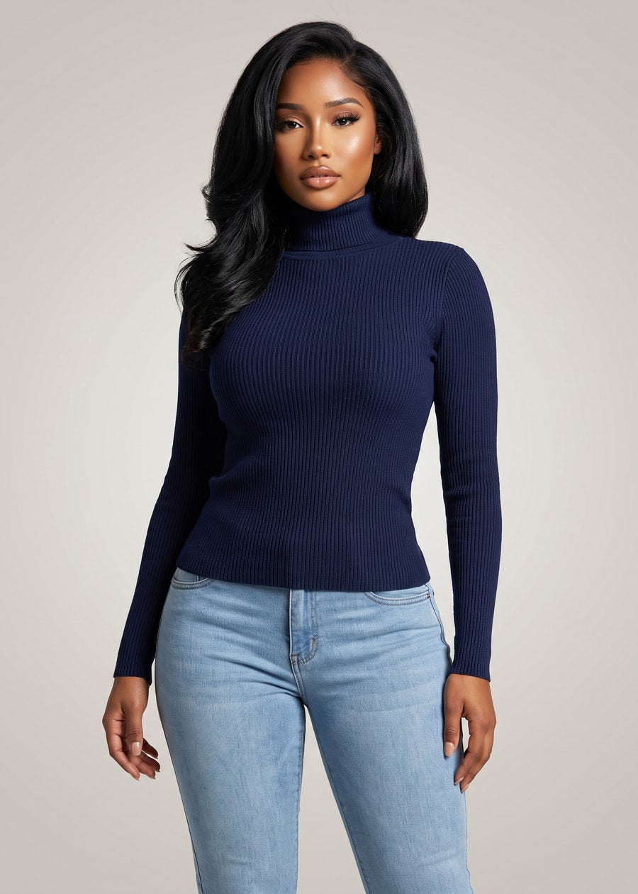 Long Sleeve Stretch Ribbed Turtleneck Top Navy, view 1 of 2