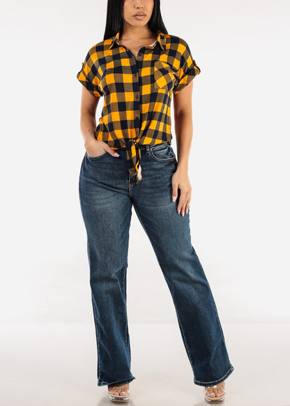 Tie Front Short Sleeve Button Up Plaid Blouse Mustard & Navy