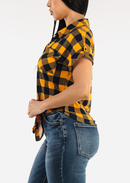 Tie Front Short Sleeve Button Up Plaid Blouse Mustard & Navy