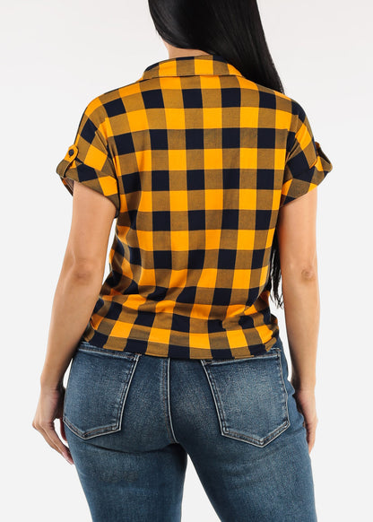 Tie Front Short Sleeve Button Up Plaid Blouse Mustard & Navy