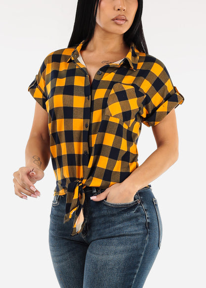 Tie Front Short Sleeve Button Up Plaid Blouse Mustard & Navy