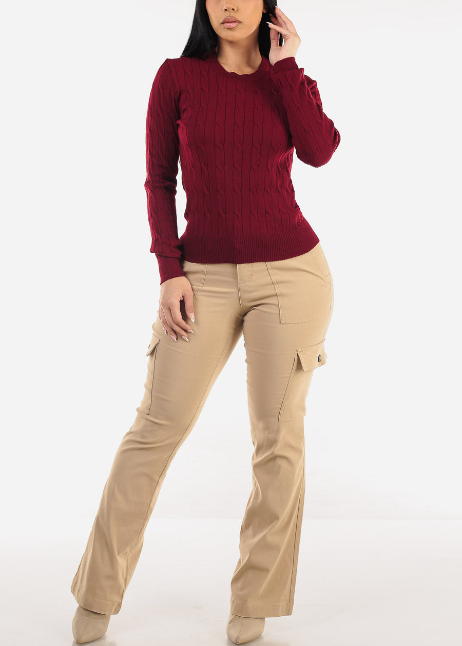 Long Sleeve Crewneck Cable Knit Sweater Burgundy