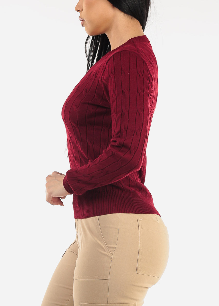 Long Sleeve Crewneck Cable Knit Sweater Burgundy