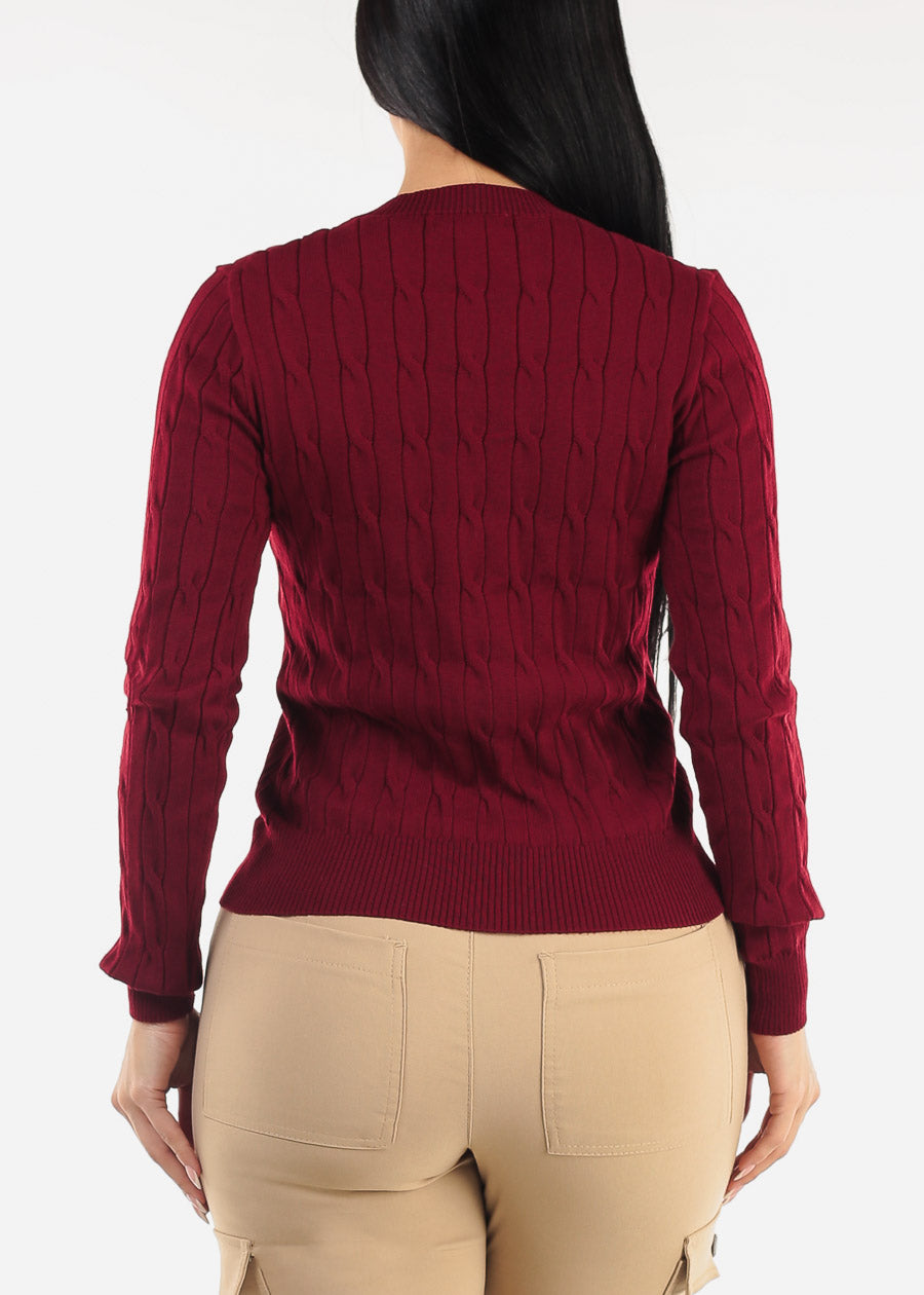 Long Sleeve Crewneck Cable Knit Sweater Burgundy