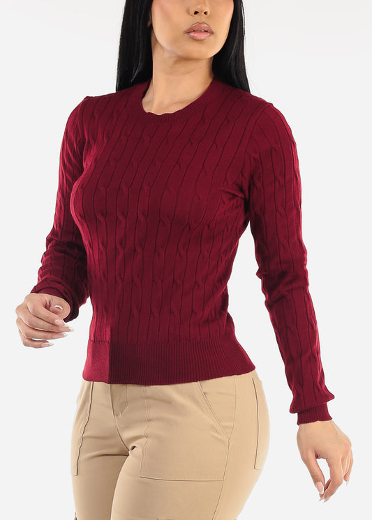 Long Sleeve Crewneck Cable Knit Sweater Burgundy