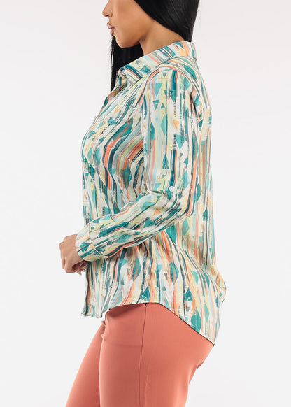Long Sleeve Printed Button Down Blouse Green