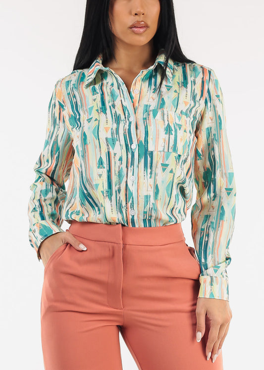 Long Sleeve Printed Button Down Blouse Green