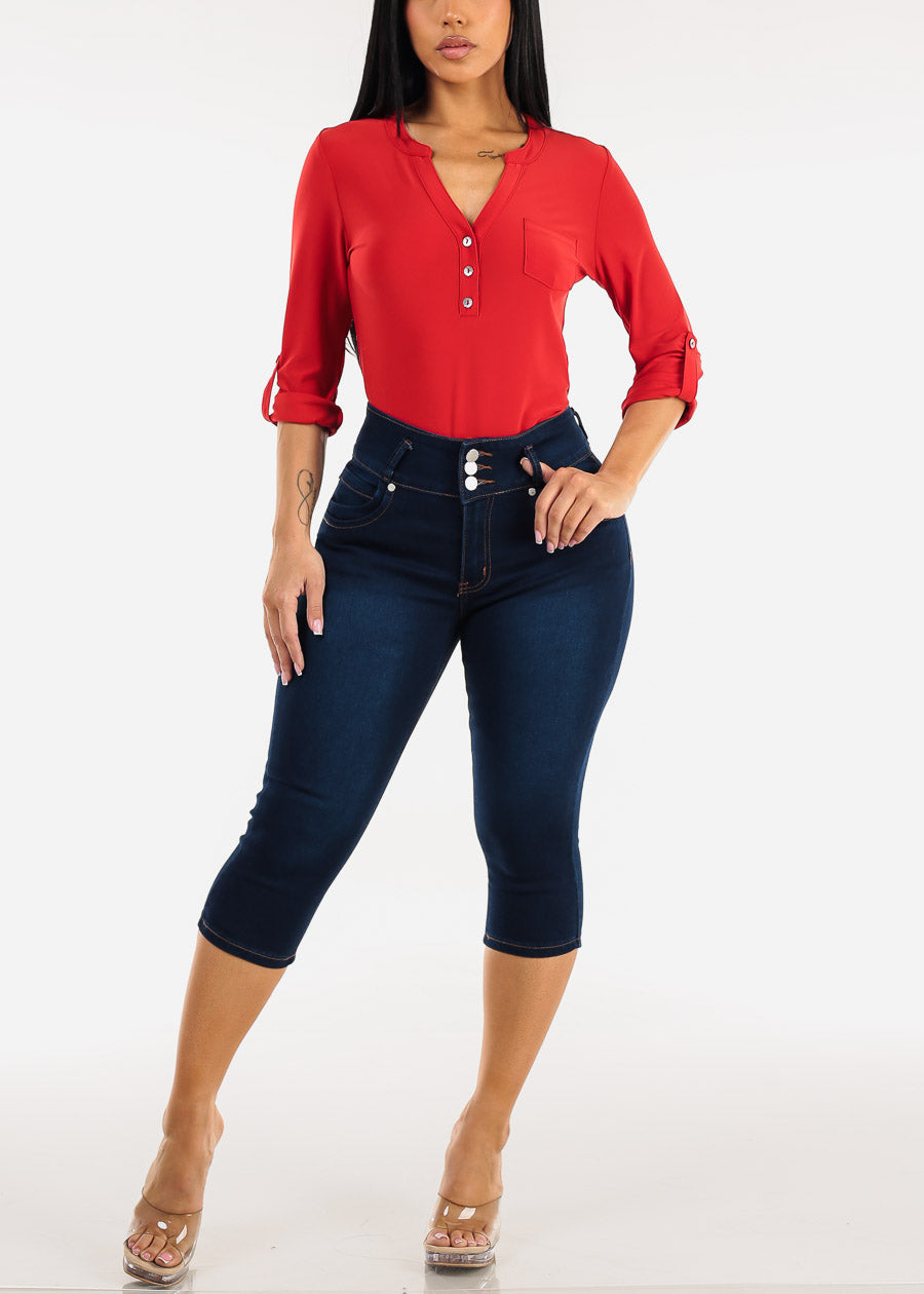 Long Sleeve Stretchy Henley Blouse Red