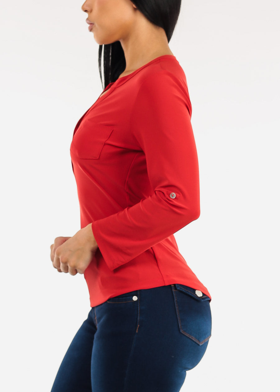 Long Sleeve Stretchy Henley Blouse Red