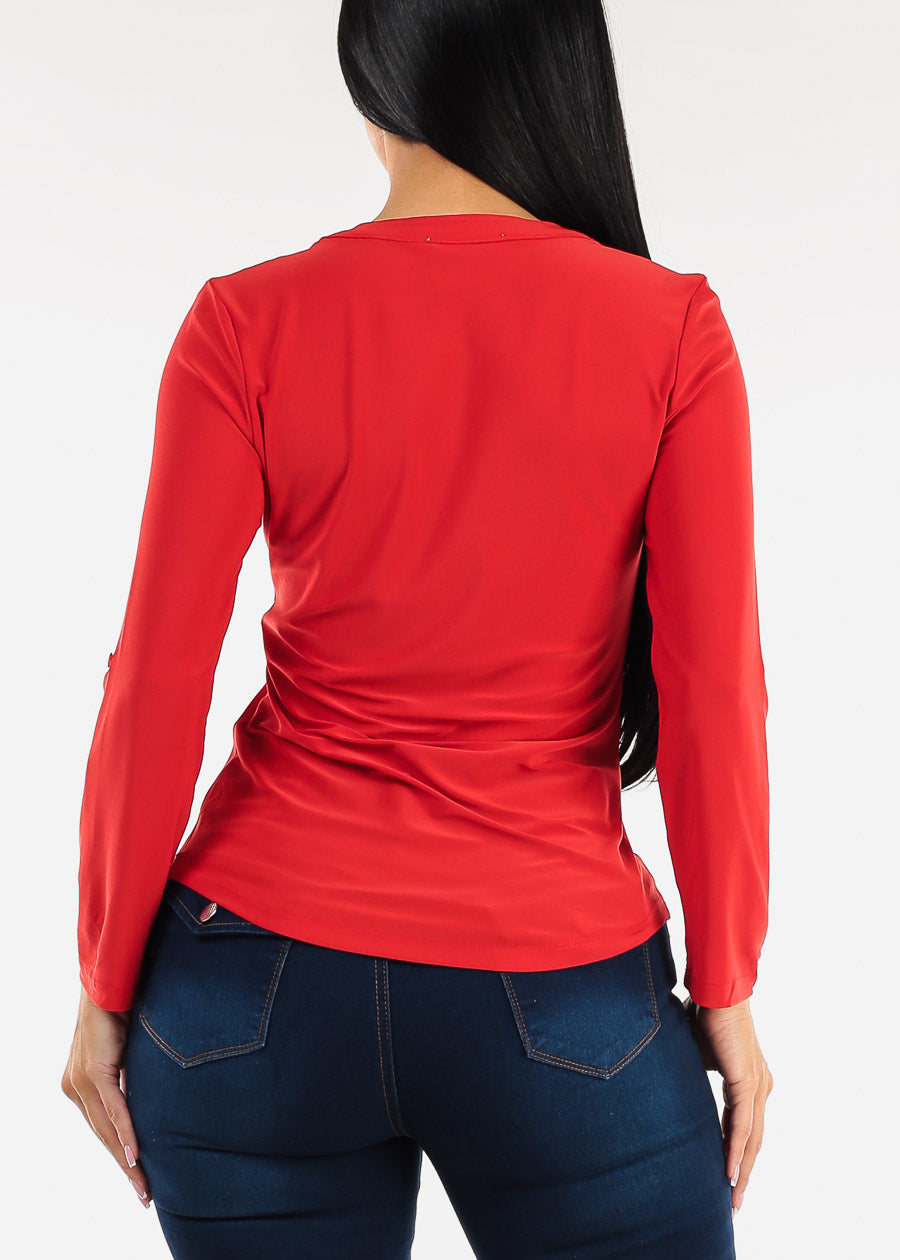 Long Sleeve Stretchy Henley Blouse Red