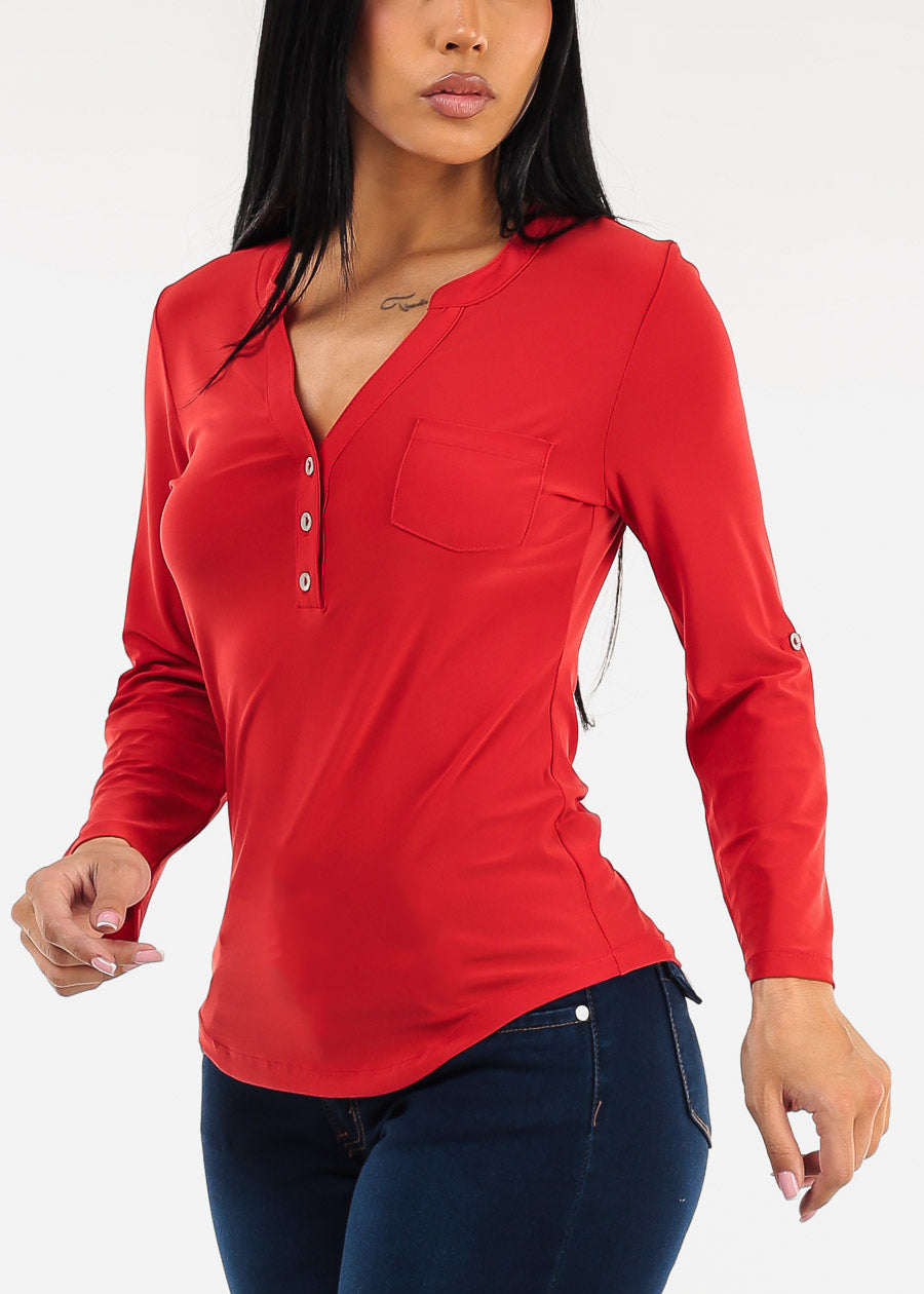 Long Sleeve Stretchy Henley Blouse Red