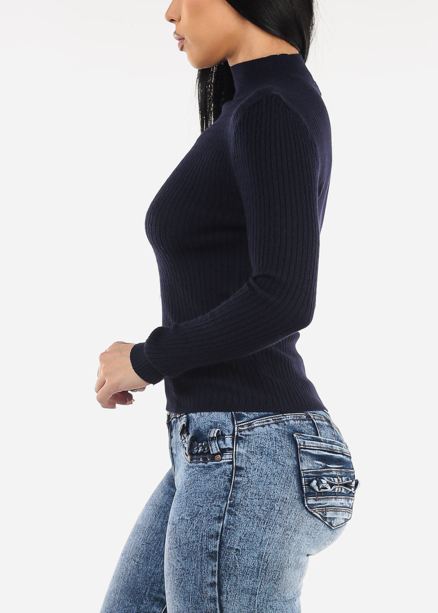 Long Sleeve Mock Neck Ribbed Sweater Navy