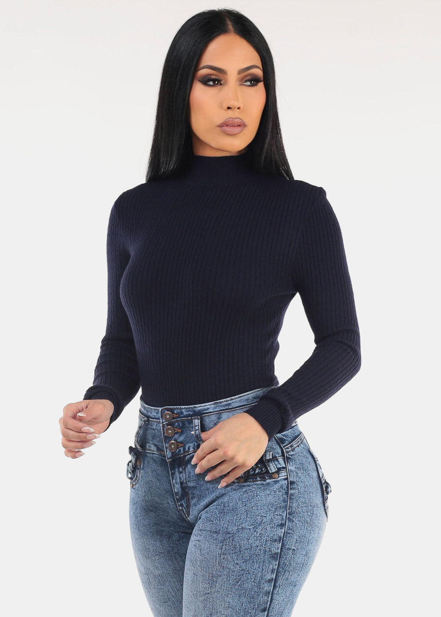 Long Sleeve Mock Neck Ribbed Sweater Navy