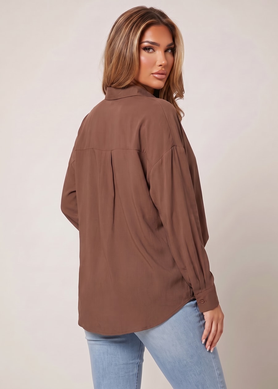 Long Sleeve Oversized Button Up Collared Blouse Light Brown, view 2 of 4
