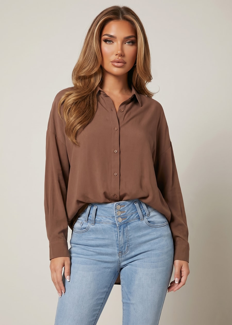 Long Sleeve Oversized Button Up Collared Blouse Light Brown, view 3 of 4