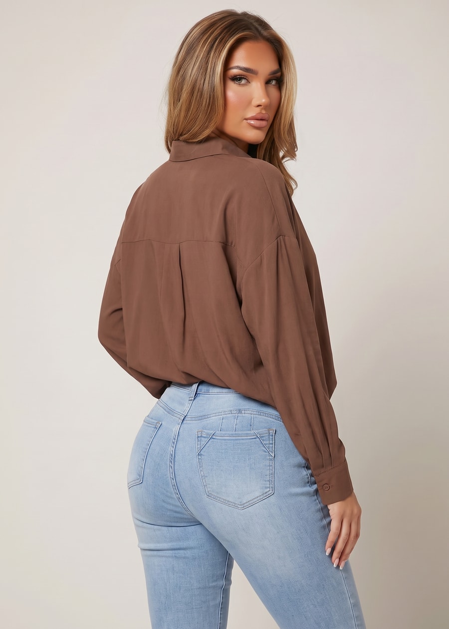 Long Sleeve Oversized Button Up Collared Blouse Light Brown, view 4 of 4