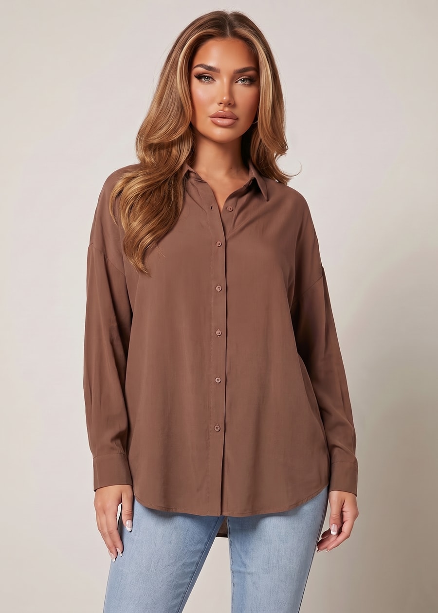 Long Sleeve Oversized Button Up Collared Blouse Light Brown, view 1 of 4