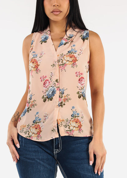Sleeveless Vneck Floral Chiffon Blouse Blush